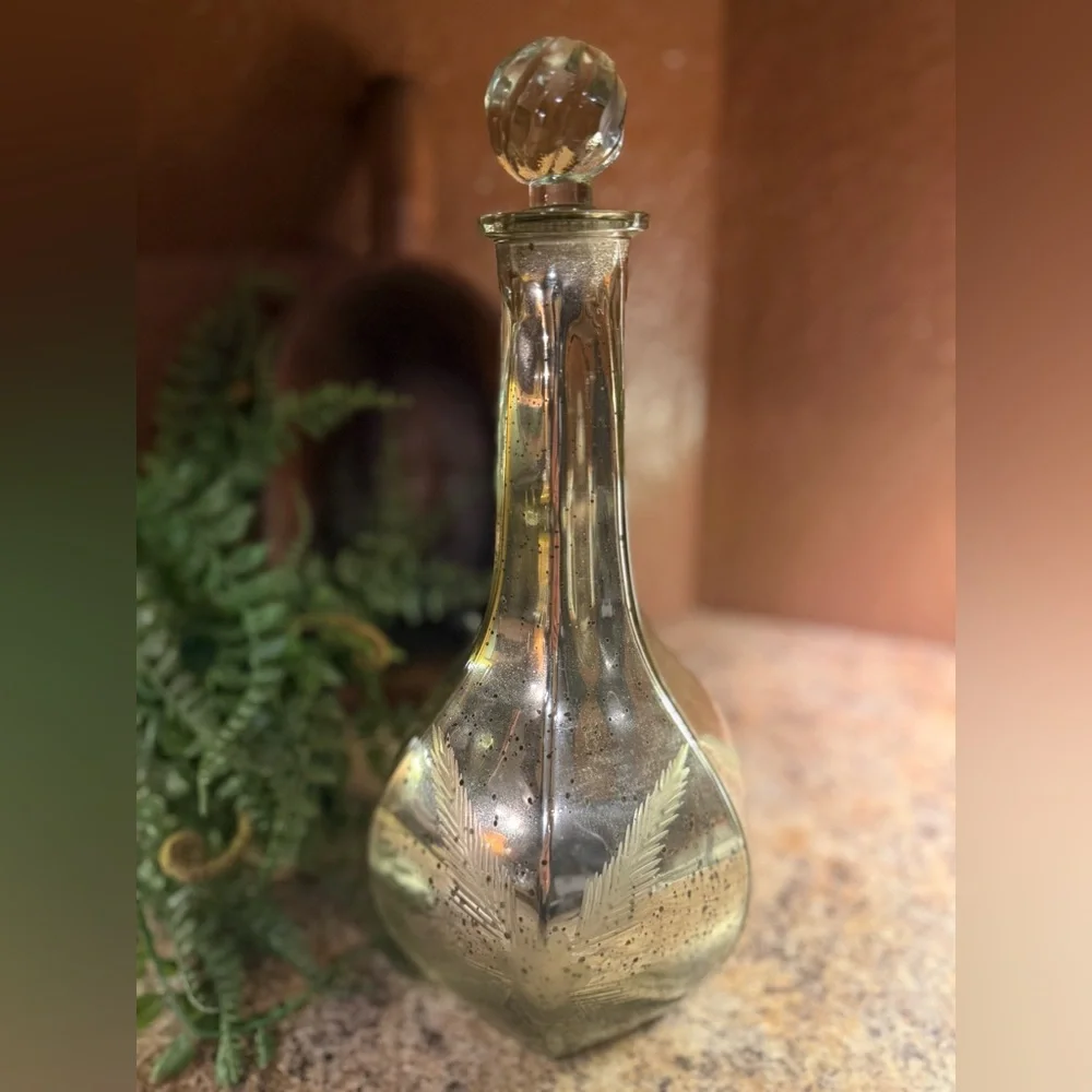 Pottery Barn Mercury Glass Decanter Carafe Genie Bottle Etched Flower Silver